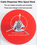 Pro Grade Stainless Steel Wire Spool Dispenser For Tough Cable Management And Rust Resistant Cord Organization With Smooth Swiveling Reel Holder, top view with red base and coil detail.