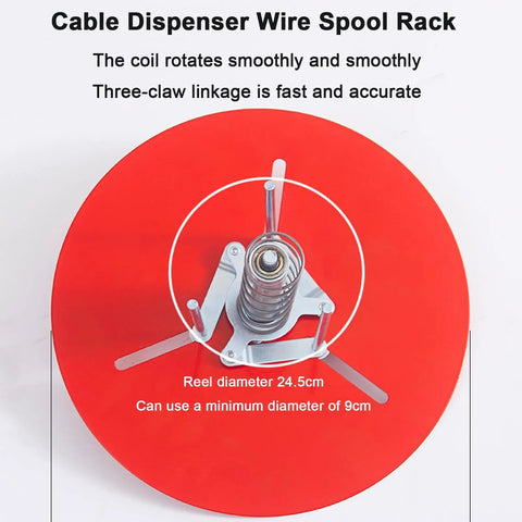Pro Grade Stainless Steel Wire Spool Dispenser For Tough Cable Management And Rust Resistant Cord Organization With Smooth Swiveling Reel Holder, top view with red base and coil detail.