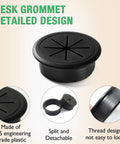 Top Tier White Desk Grommet 2 Pack No Fuss Cable Hole Cover For Office Setup 2 Inch Cord Organizer, black ABS, split design.