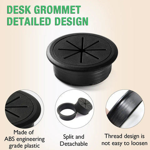 Top Tier White Desk Grommet 2 Pack No Fuss Cable Hole Cover For Office Setup 2 Inch Cord Organizer, black ABS, split design.