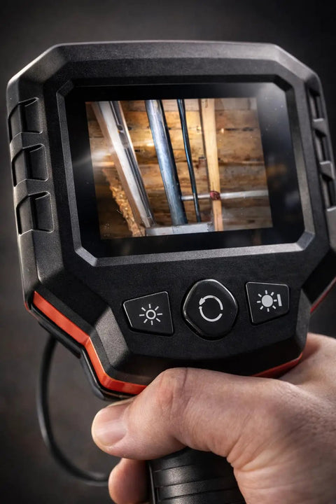 Close-up of Clear View Borescope with 2.4 Inch LCD Screen showing interior view of pipes for home and auto diagnostics.