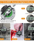 Neoteck digital dial indicator with magnetic base in black; 0-1 inch range, metric/inch conversion, with storage case.