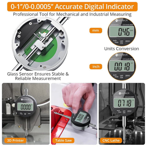 Neoteck digital dial indicator with magnetic base in black; 0-1 inch range, metric/inch conversion, with storage case.