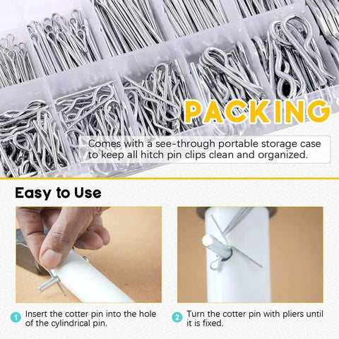 Zinc Plated Steel Cotter Pin Hair Pin R Clip Fastener Assortment Kit With Multiple Sizes For Hitch Pin Lock System in clear storage box