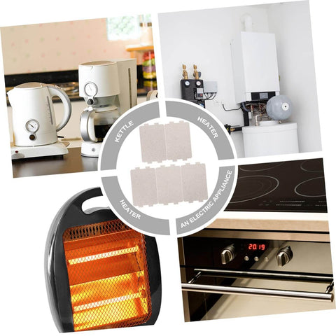 10 Piece Heat Resistant Mica Sheet For Microwave Oven Insulation next to home appliances like heaters and kettles, showcasing versatility.