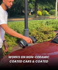 Person using Powerhouse Cordless Jet Blower Upgraded 160000 RPM 200 MPH Handheld Turbo Leaf Blower on car.