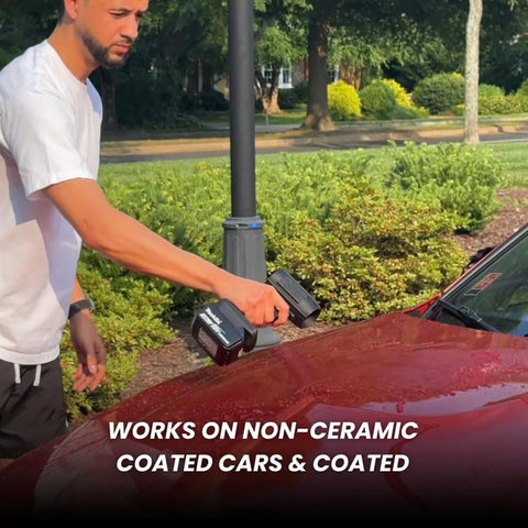 Person using Powerhouse Cordless Jet Blower Upgraded 160000 RPM 200 MPH Handheld Turbo Leaf Blower on car.