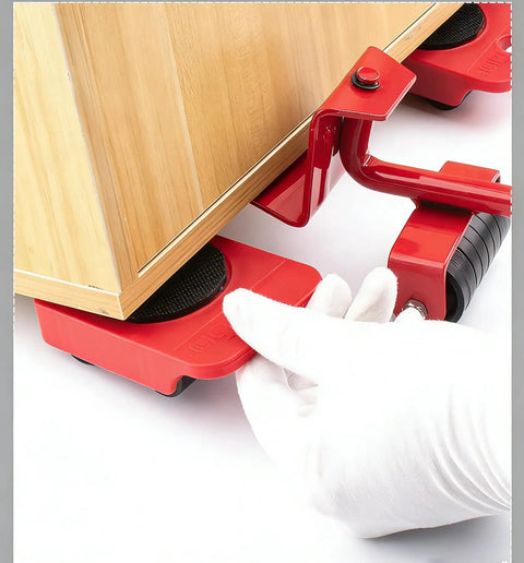 Ergonomic Furniture Lifter And Mover Tool Set With 4 Roller Pad Sliders shown lifting furniture with red sliders and lifting bar.