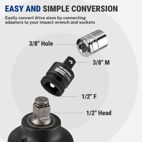 The Ultimate WorkPro 6-Piece Impact Socket Adapter Set Made From Heavy Duty CR-MO Steel Includes Reducers And Extenders Plus A Tough Case For Garage Hacks And Pro Repairs. 3/8 in and 1/2 in adapters