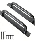 Beefy 12 Inch Heavy Duty Steel Barn Door Handles Black Powder Coat 2 Pack Gate Pulls shown with screws for installation.