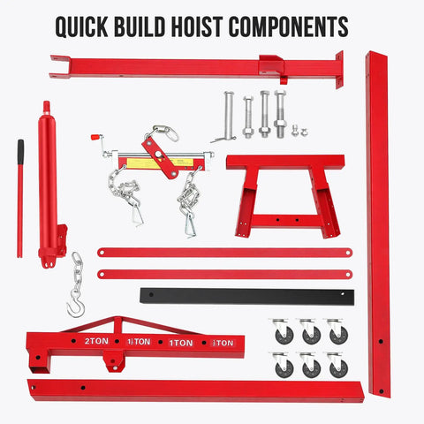 Badass 2 Ton Hydraulic Engine Hoist 4400 Lb Folding Cherry Picker components including red metal pieces and hardware for assembly.