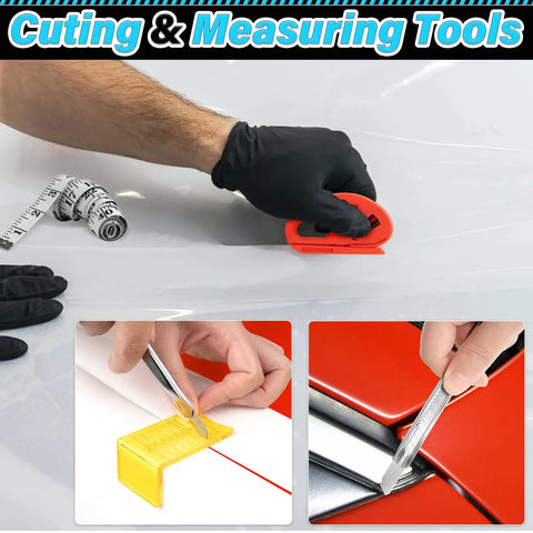 Hands using All In One Car Window Tint Kit With 55 Pcs Vinyl Wrap Tools For Window Film Installation, squeegees, and measuring tools