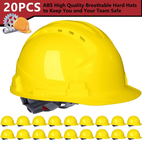 20 Pack 4 Point Suspension Hard Hats Bulk Safety Helmets ABS Ratchet Adjustable Construction Gear With Ventilation And Cotton Brow Pad Yellow Ideal For Construction Sites Roofing Manufacturing And General Industry