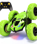 4WD Remote Control Car With 360 Degree Flips, Dual Sided Driving, Durable Stunt RC Vehicle With Breathing Soft Lights, Green Color, A Totally Awesome Gift For Boys And Girls Ages 6 To 12, Includes 2 Rechargeable Batteries For Up To 50 Minutes Of Play in green position with controller