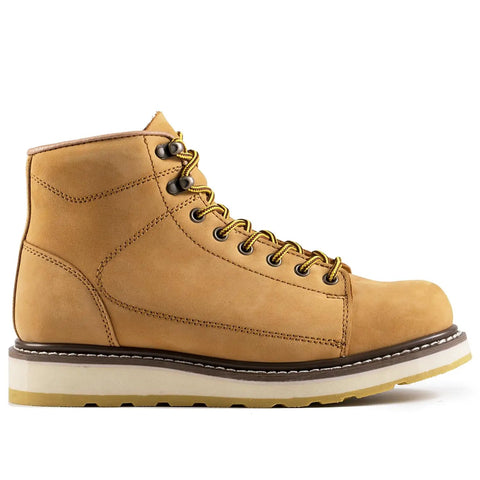 Men's Six Inch Leather Work Boots With Slip Resistant Tread And Dual Density Pu Wedge Sole For Hella Underfoot Cushioning On Concrete And Hard Floors All Day Long
