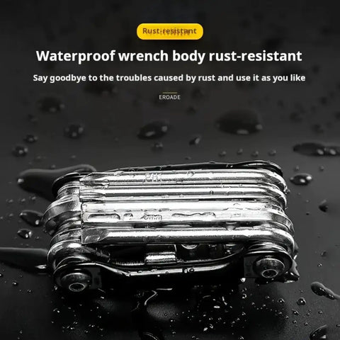 11-In-1 Bicycle Repair Kit for Mountain Bikes with rust-resistant wrench body on wet surface