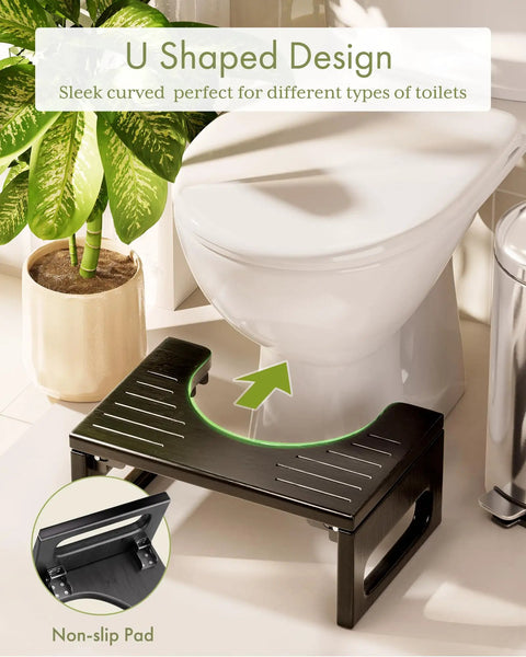 7 Inch Folding Toilet Stool For Adults Bamboo Rustic Brown Collapsible Poop Stool With Anti Slip Strip next to toilet
