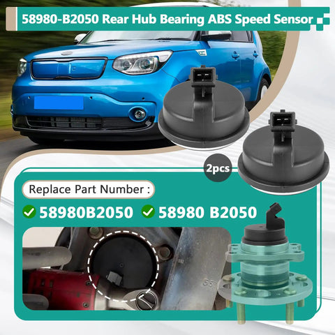 Heavy Duty 2 Pack Rear Hub Bearing And Abs Speed Sensor 58980B2050 displayed with Kia Soul showing part details.
