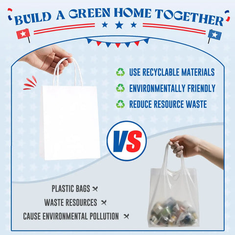 Comparison of White Kraft Paper Gift Bags With Handles and plastic bags, showing eco-friendly benefits of recyclable materials.