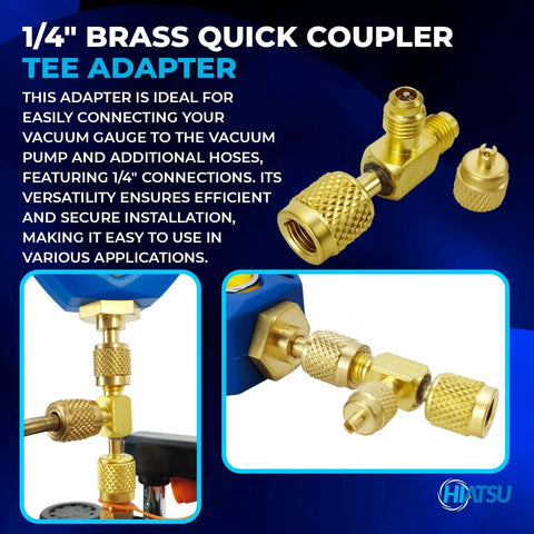 Hiatsu brass 1/4-inch quick-coupler tee adapter set, 3 pieces, for vacuum hoses with knurled grip and threaded ends.