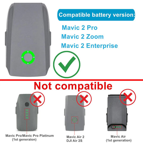 Compatible battery list for 4 In 1 Foldable Battery Charging Hub For DJI Mavic 2 Pro Zoom Enterprise Drones, showing compatible and not compatible models.