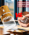 Compact Electric Herb Grinder With Dual 50ml Glass Jars 2in By 3.5in Portable Spice Grinder in wood finish on table