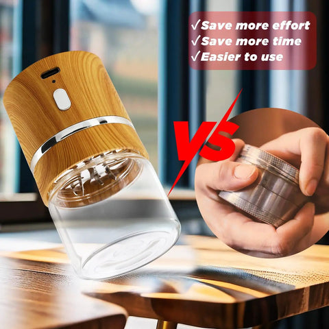 Compact Electric Herb Grinder With Dual 50ml Glass Jars 2in By 3.5in Portable Spice Grinder in wood finish on table