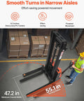 VEVOR Full Electric Pallet Stacker Forklift Hauling 3,300 Lbs With A Mighty 98.4 Inch Lift Height For Warehouses, showing 55.1 in turning radius.