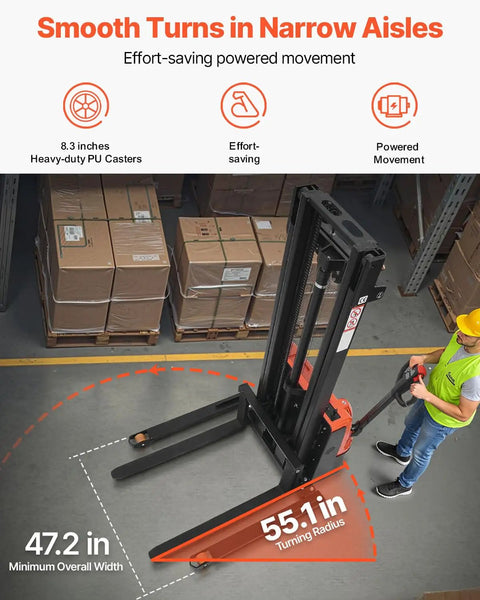 VEVOR Full Electric Pallet Stacker Forklift Hauling 3,300 Lbs With A Mighty 98.4 Inch Lift Height For Warehouses, showing 55.1 in turning radius.