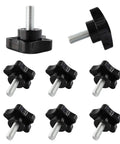 Eight Pack M8 X 20mm Star Shape Head Knurled Thumbscrews With Black Steel Threaded Hand Bolt Knobs For Clamping In Machinery Enclosures DIY Projects And Grip Friendly Quick Adjustments. Image shows set of 8 black star-shaped thumbscrews with black steel threaded bolts.