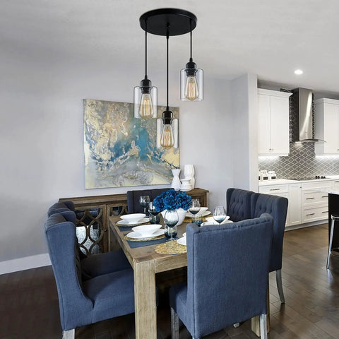Industrial 3 Light Pendant Lighting With Adjustable 39.4 Inch Cords, Clear Glass Shade over dining room table, E26 Base Ready.