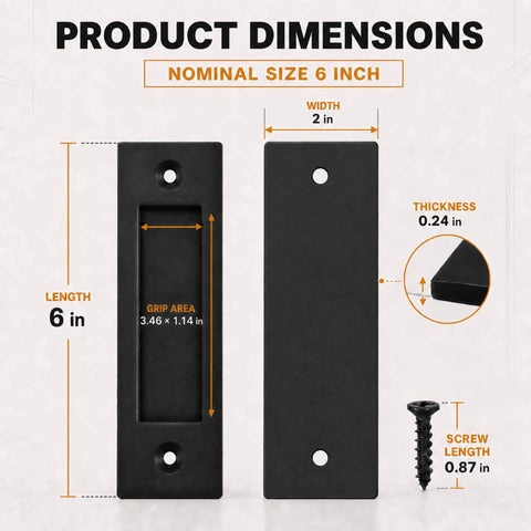 Deadly Smooth 6 Inch Sliding Barn Door Handle Tough Grip Design dimensions showing length, width, thickness, and grip area in matte black.