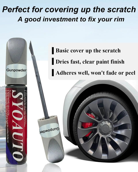 Gunpowder Gray Wheel Touch Up Paint Pen For Tesla Model Y And 3 S X Alloy Rims next to a wheel, showing the fine brush applicator.