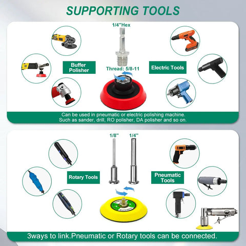 Supporting tools for 134Pack 3 Inch Wet Dry Sanding Discs Kit For Drill With Sixty To Ten Thousand Grit And One Eighth, One Quarter, Five Eighths Inch Adapters, Buffing Pads, Headlight Restoration.