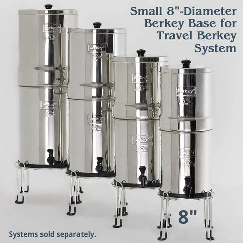Stainless Steel Stand Lifts Portable Gravity Fed Water Filter Six Inches Above Countertop Display with 8-inch Diameter Berkey Base