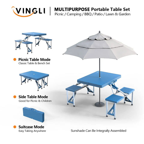 4 Ft Folding Picnic Table Set With 4 Seats And Umbrella Hole Lightweight Aluminum Frame Plastic Top Perfect For Camping Life