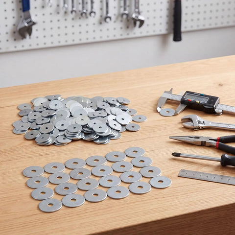 200 Piece Zinc Fender Washers 3/16 Inch By 1 1/4 Inch 2mm Thickness for Wood and Wet Environments displayed on a table