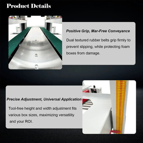 Automatic Foam Box Side Sealing Machine 110V Built Tough Rubber Conveyor Belt Package Tape Sealer showing textured rubber belts for grip.