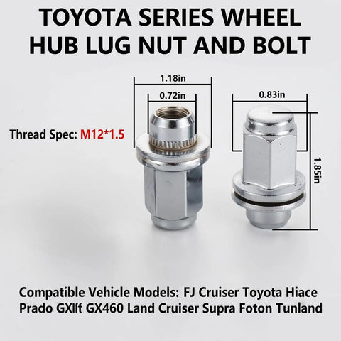 Premium Chrome Wheel Lug Stud And Nut Set For Toyota, 4 Pack Heavy Duty Steel Tire Screw Kit With Anti Rust Finish, Perfect Upgrade Fitment For ES250, GX460, GS450h, ES300 Models That Need Reliable Grip and Long Lasting Durability. Chrome M12x1.5 wheel lug nut and bolt set with dimensions.