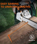 Hella Handy Magnetic Firewood Measuring Tool For Chainsaws with bright orange safety pole for easy sawing to uniform lengths.