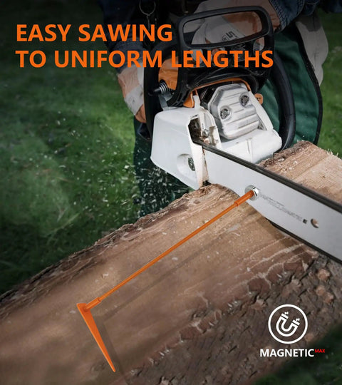 Hella Handy Magnetic Firewood Measuring Tool For Chainsaws with bright orange safety pole for easy sawing to uniform lengths.