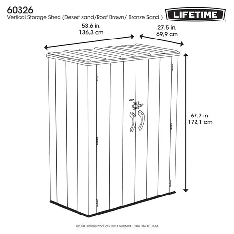 Diagram of Vertical Storage Shed Desert Sand With Lockable Doors And Weather Resistant Resin Panels, dimensions labeled.