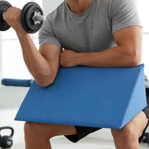 Person using Preacher Curl Pad With Non Slip Base For Home Gym Arm Support 16x8 Inch Cushion High Density Foam Angled Design