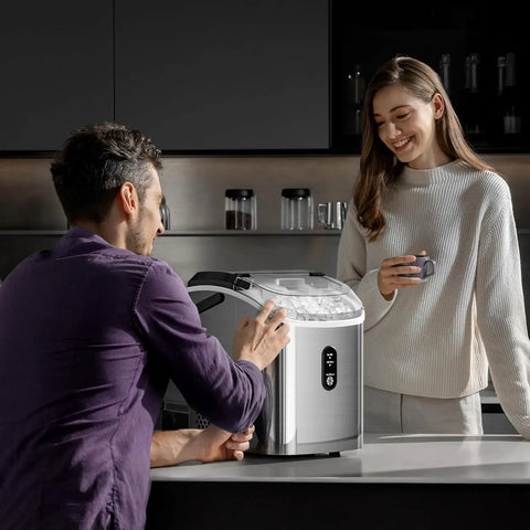 Man operating Chewable Nugget Ice Maker Countertop 35 Lbs Per Day Portable Sonic Ice Machine With Self Cleaning and One Click Operation
