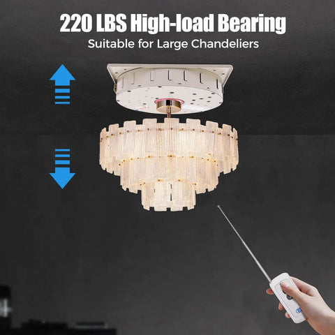 Premium Electric Chandelier Hoist 110V With Remote And Wall Switch For Effortless Lifting Up To 26 Feet Stroke And 220 Lbs Load Capacity with large chandelier.