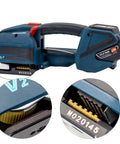 Heavy Duty Electric Strapping Gun Featuring Dual 4000mAh Batteries, highlighted tension mechanism and loading area for quick operation.