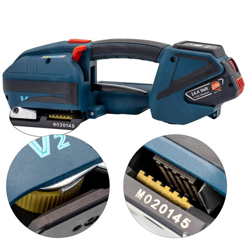Heavy Duty Electric Strapping Gun Featuring Dual 4000mAh Batteries, highlighted tension mechanism and loading area for quick operation.