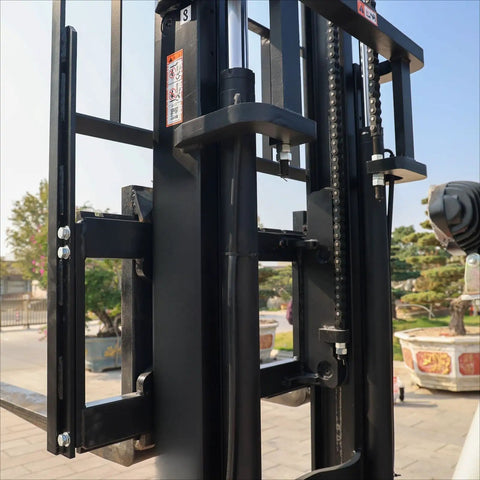 Close-up of Electric Pallet Stacker Heavy Duty Forklift 1 To 3 Ton Capacity showing hydraulic lift mechanism and frame.