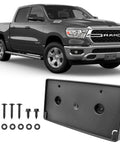Front License Plate Frame For 2019 To 2024 Ram 1500 DT Curved Front Bumper License Plate Holder with screws and close-up view