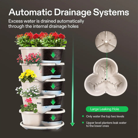 Five Tier Vertical Stackable Garden Planter For Strawberries Flowers Herbs And Veggies In Ivory Finish with automatic drainage system